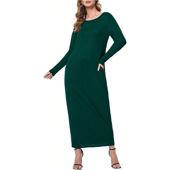 Women's Dark Green Maxi Dress Viscose Elastane Casual Lounge Vacation - Picture 5 of 5